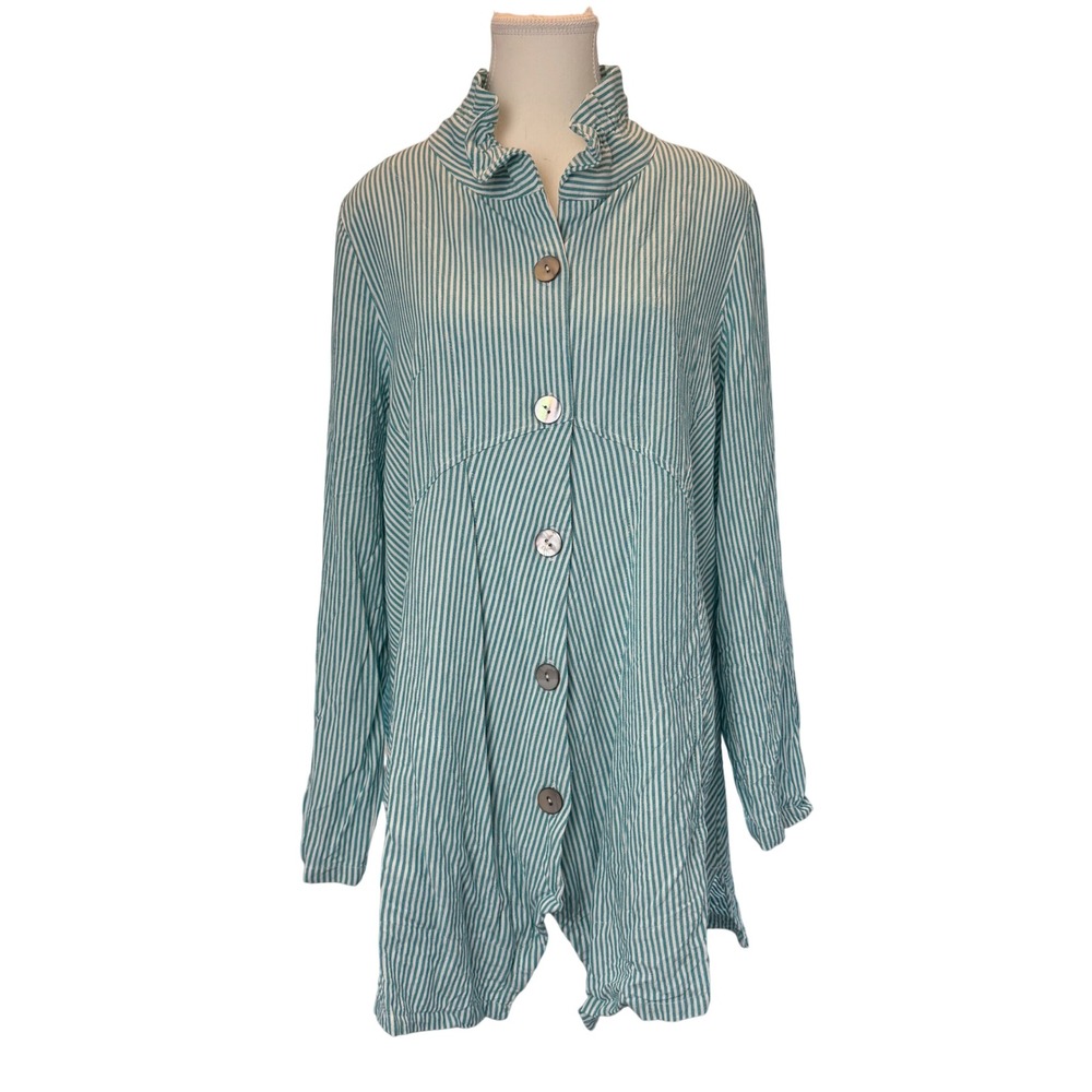 Soft Surroundings Sasha Striped Tunic Green Large Asymmetric Lagenlook Jacket